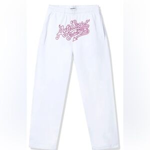 Anti social social club cut and stitch White Sweatpants with Pink Script Logo